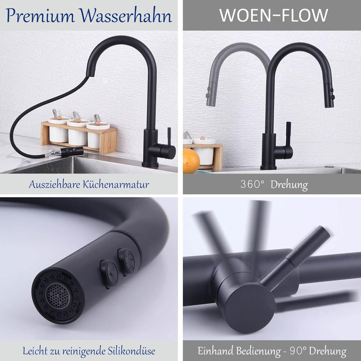 Wasserhahn Küche Schwarz, Hochdruck Küchenarmatur Ausziehbar 360° Schwenkbar, Einhebel Spültischarma