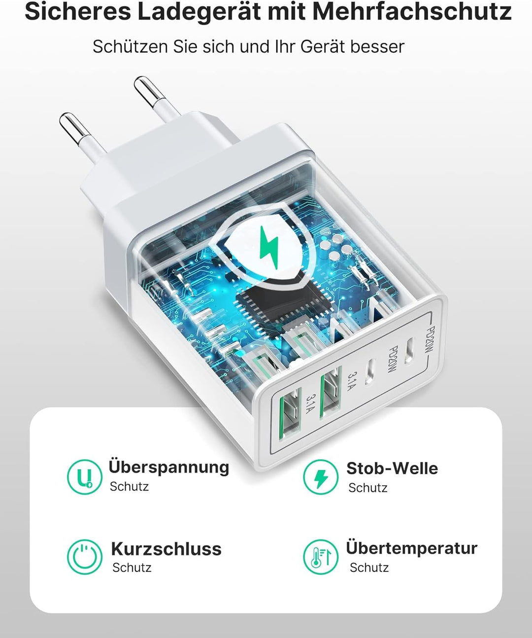 2er Pack USB C Ladegerät, Aioneus 40W Schnellladegerät 4 Ports PD+QC Netzteil, Mehrfach USB C Power