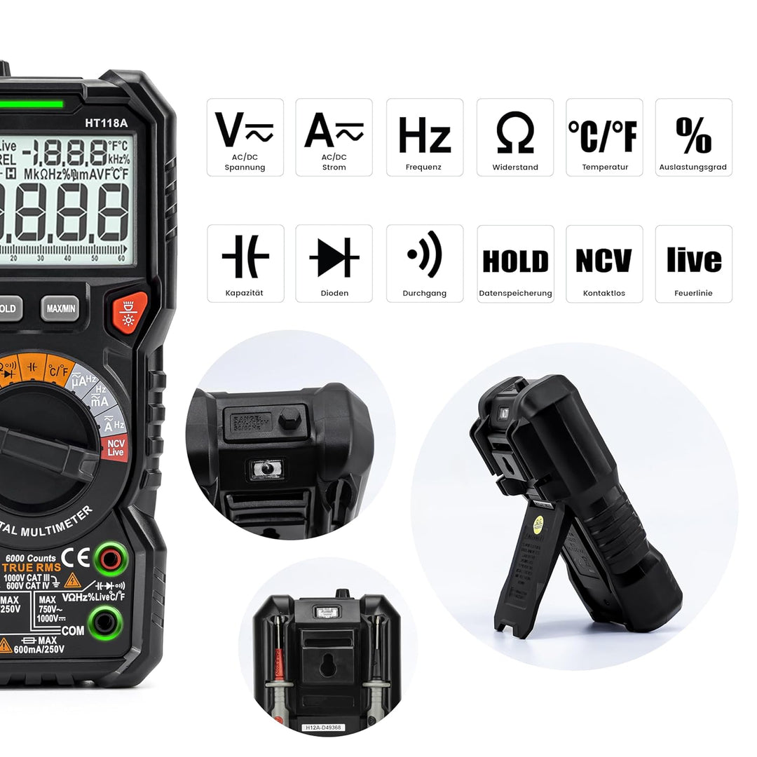 KAIWEETS Digital Multimeter mit LED-Buchsen, Strommessgerät CAT III 1000 V, CAT IV 600 V True RMS Au