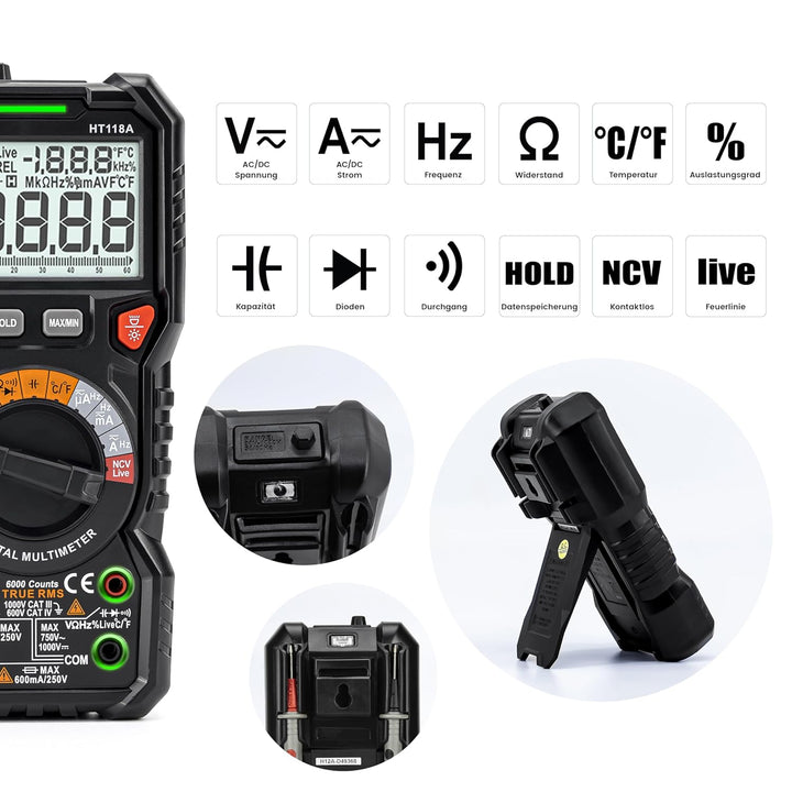 KAIWEETS Digital Multimeter mit LED-Buchsen, Strommessgerät CAT III 1000 V, CAT IV 600 V True RMS Au