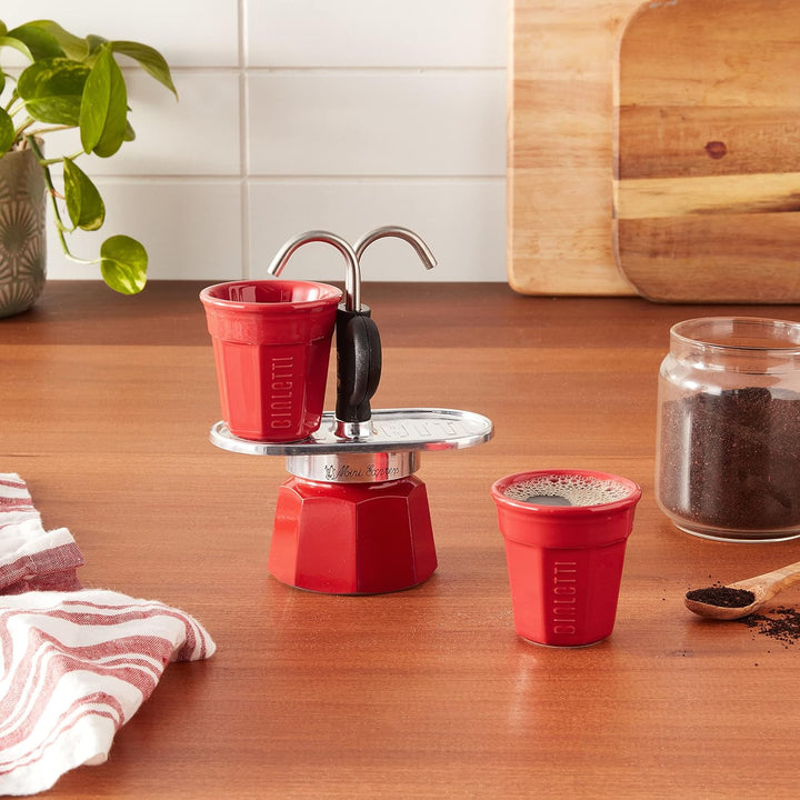 Bialetti Mini Express Color, Set Caffettiera 2 Tazze + 2 Bicchierini, Alluminio, Rosso Rot New Colle