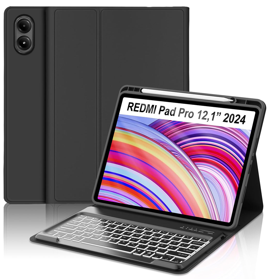 Hülle mit Tastatur und 7-Farben-LED für Xiaomi Redmi Pad Pro 12,1" & Poco Pad (2024), Deutsche Bluet