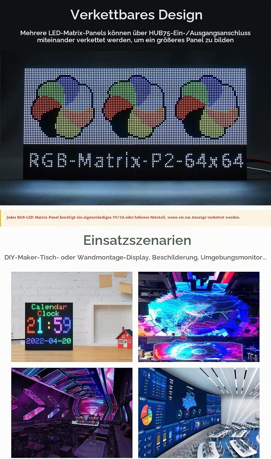 Waveshare RGB Full-Color LED Matrix Panel 2mm Pitch 64x64 Pixels Adjustable Brightness Compatible wi