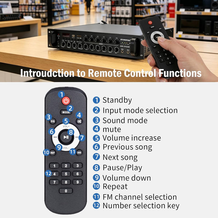 STUDIOFINIX Gewerblicher Bluetooth-Verstärker 650W 6 Zonen 70V, 2U Rack-Einbau, 3 Mikrofoneingänge m