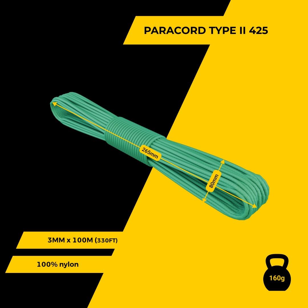 EdcX 3mm Nylon Paracord 425 (15, 30, 50 und 100m) - Typ II, 100% Nylonseil, 3 Litzen Seil, 3mm Nylon