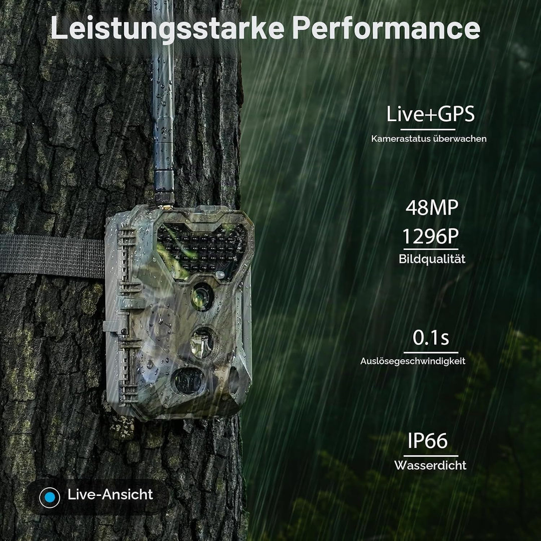 S970 4G LTE Wildkamera, 48MP 1296P, Mit Live Streaming Funktion, Nachtvision, 0.1s Bewegungsaktivier