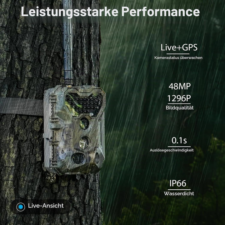 S970 4G LTE Wildkamera, 48MP 1296P, Mit Live Streaming Funktion, Nachtvision, 0.1s Bewegungsaktivier