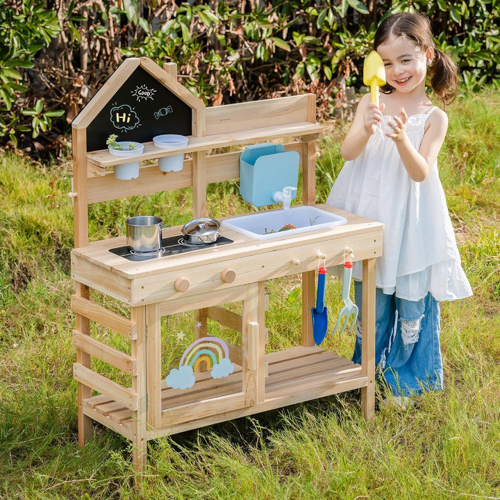 ROBUD Matschküche für Kinder Outdoor, Kinderküche Holz mit Echtem Wasserhahn & Wassertank, Gartenger