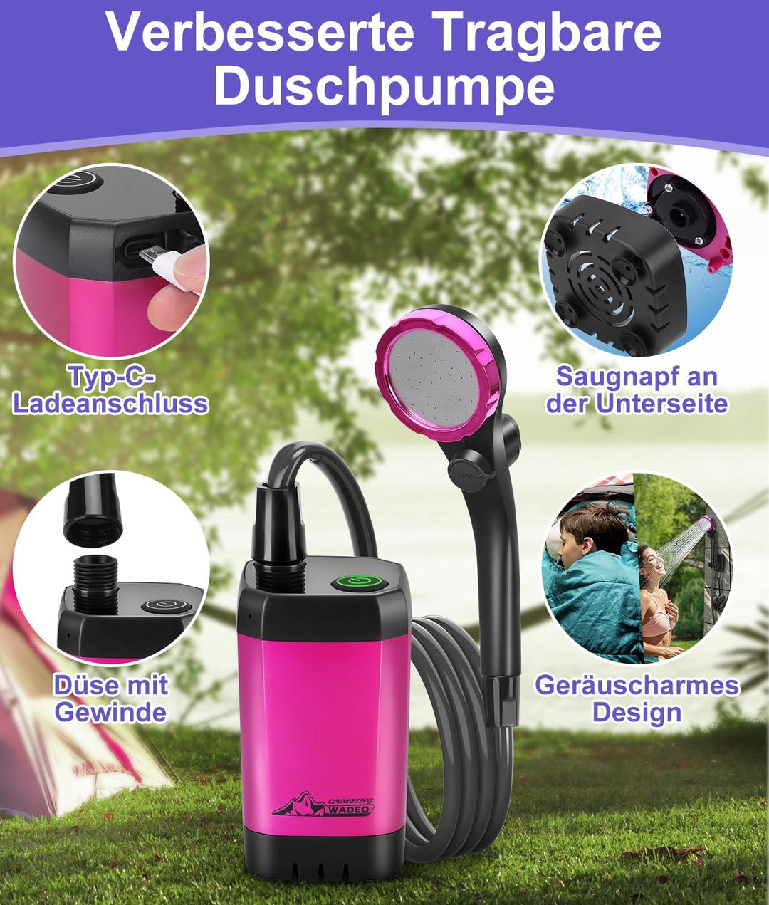 WADEO Tragbare Campingdusche [6000-8000mAh], Camping Dusche mit Pumpe und 2M Schlauch, Akkustands- u