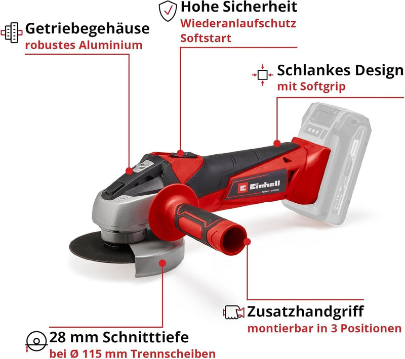 Einhell Akku-Winkelschleifer TC-AG 18/115 Li-Solo Power X-Change (18 V, 115 mm Scheibendurchmesser,