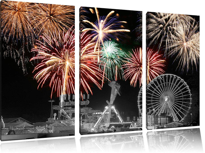 Silvester Feuerwerk schwarz/weiss 3-Teiler Leinwandbild 120x80 Bild auf Leinwand, XXL riesige Bilder