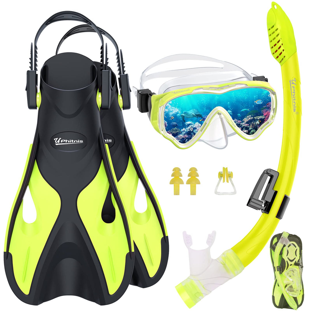 Schnorchelset Kinder mit Flossen,Anti-Fog 180°Panorama Taucherbrille Kinder, Verstellbaren Schwimmfl