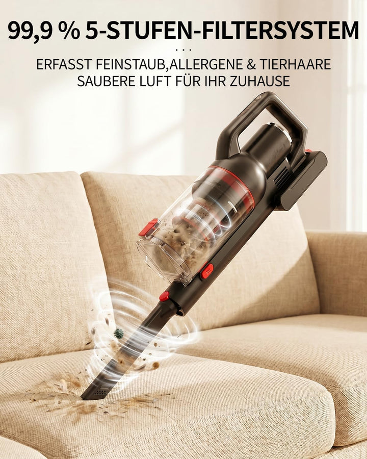 Akku Staubsauger Kabellos – 40KPa/500W/50 Min, 1L kabelloser Staubsauger mit V-förmiger Anti-Tangle-