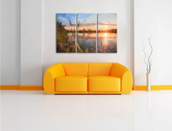 Pixxprint Sonniger Morgen am See Pinsel Effekt 3-Teiler Leinwandbild 120x80 Bild auf Leinwand