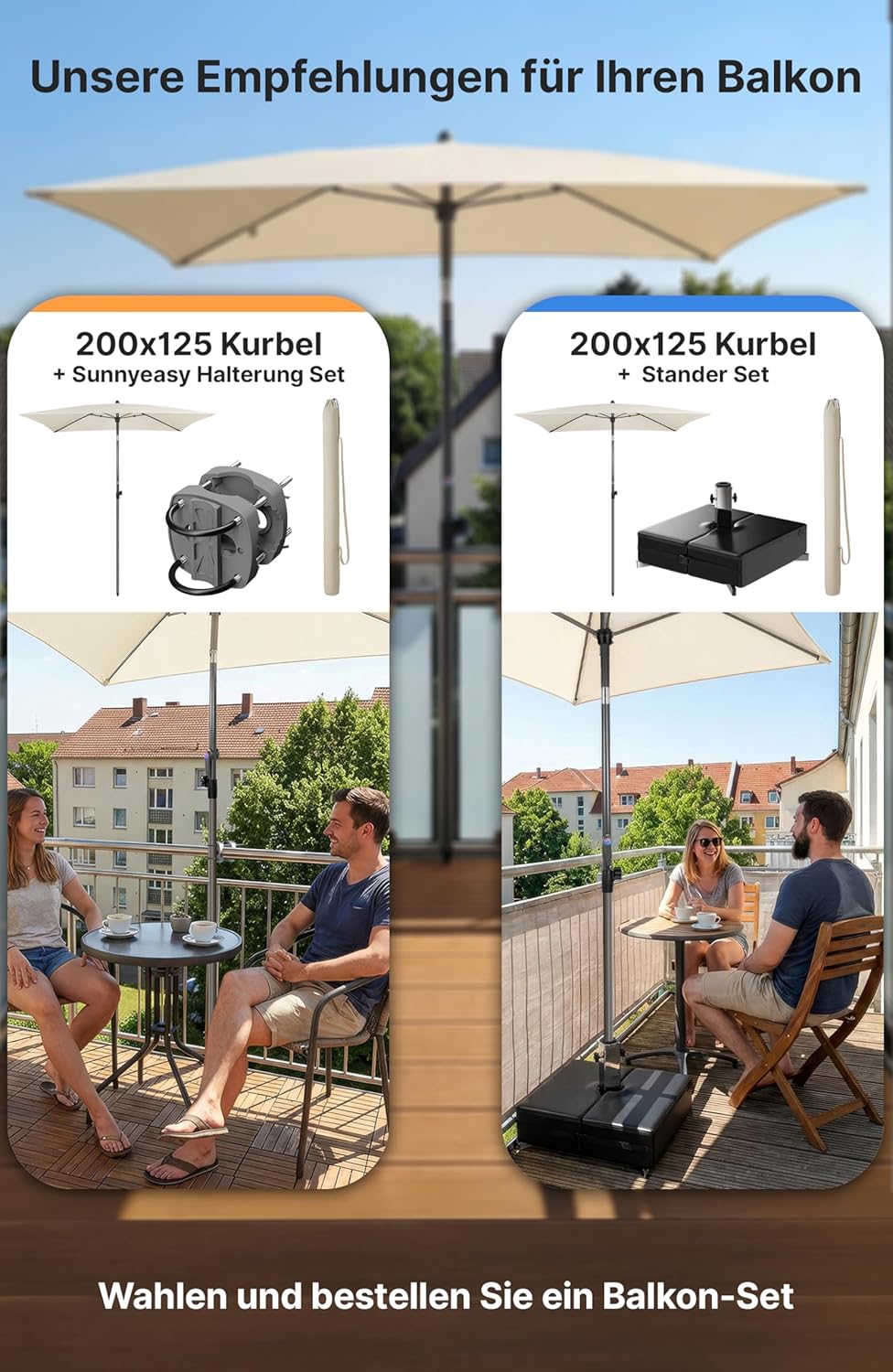 4smile Sonnenschirm Balkon mit Kurbel, Sonnenschirm rechteckig 200x125 cm, Balkonschirm mit UV 50+,