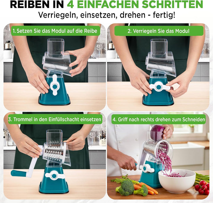 NutriChef 3-in-1 Trommelreibe - mit Handgriff – Rotierende Reibe für Käse und Gemüse – 3 Einsätze fü