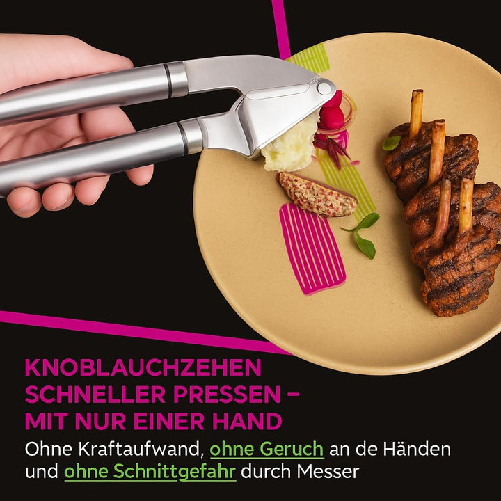 Manuelle Knoblauchpresse aus Edelstahl – Profi Küchenhelfer zum schnellen Schälen & Zerkleinern von