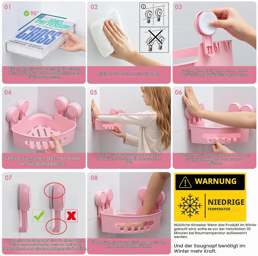 TAILI Duschablage Ohne Bohren,Einstellbar Ecke Dusche Caddy Saugnapf 2er Set Dusche Zubehör mit Hake