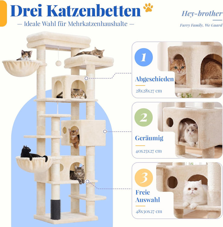 Hey-brother Kratzbaum, 188 cm Katzenbaum, XXL Kletterbaum mit 2 gross Plattform, 3 Höhlen, 2 Korb, P