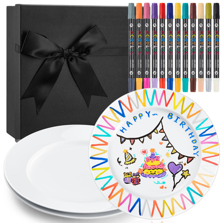 Sinmoe DIY Keramik Bemalen Set 3 Keramikplatte Weiss Servierplatte Salatteller 12 Porzellanstifte Sp