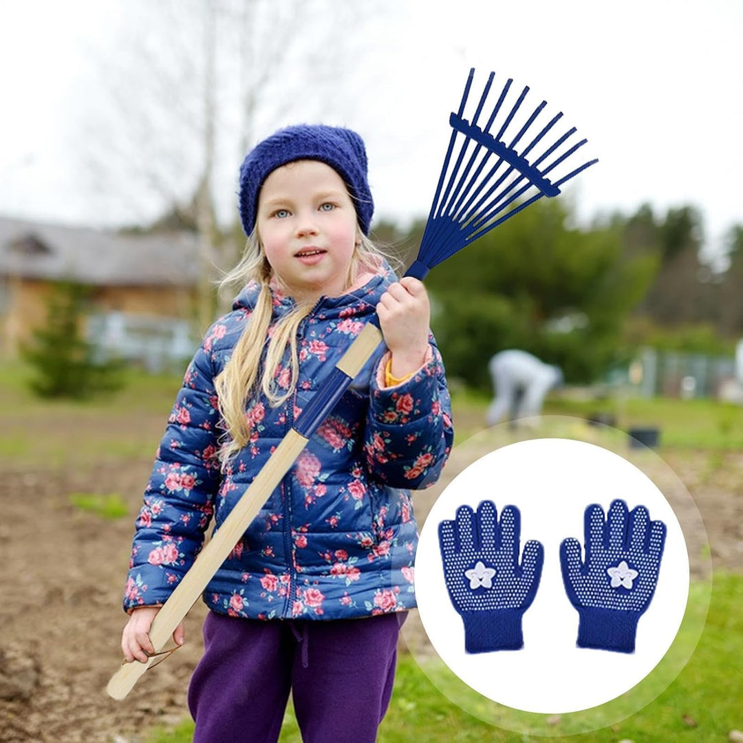 Kinder-Laubrechen 27 cm Abnehmbarer Holzstiel mit Handschuhen | Laubrechen für Gartenarbeit Camping