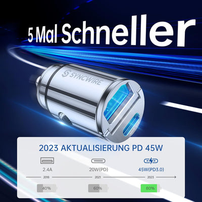 SYNCWIRE 90W Zigarettenanzünder USB C & USB Auto Adapter [PD 45W & QC 45W] Super Mini Ganzmetall KFZ