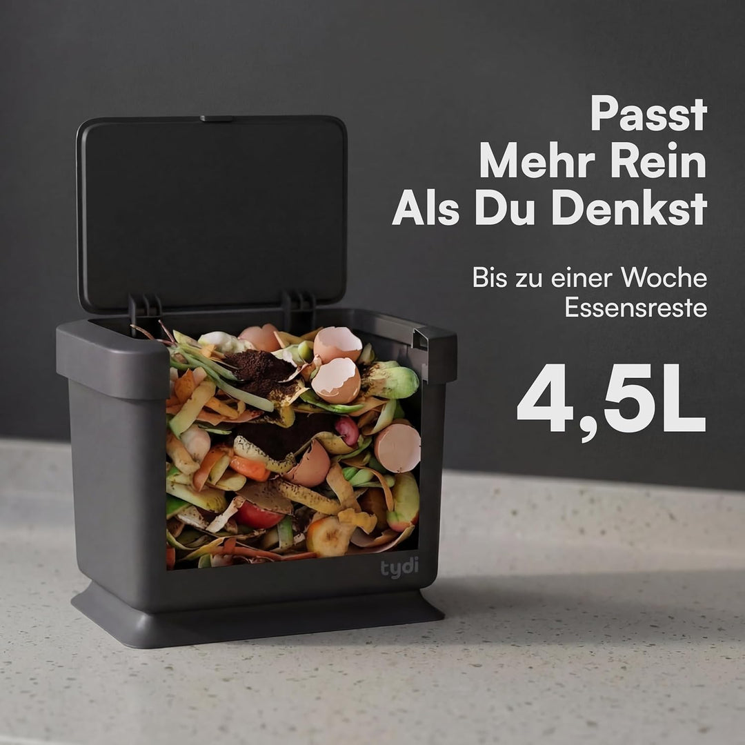 Tydi 4,5L Küchen-Biomüllbehälter mit Druckknopfdeckel - Komposteimer für die Küche - Rutschfester Bo