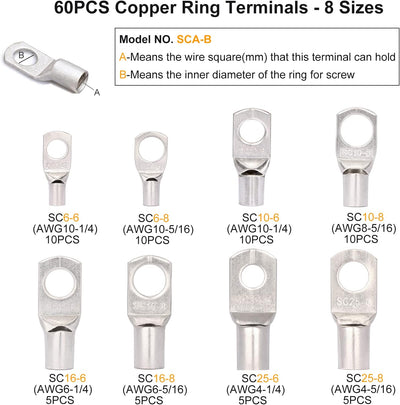 Solsop Batteriekabel-Crimpwerkzeug-Set von AWG 1/0–8 mit 60 Kupferringklemmen, 8 Grössen, Batterieka