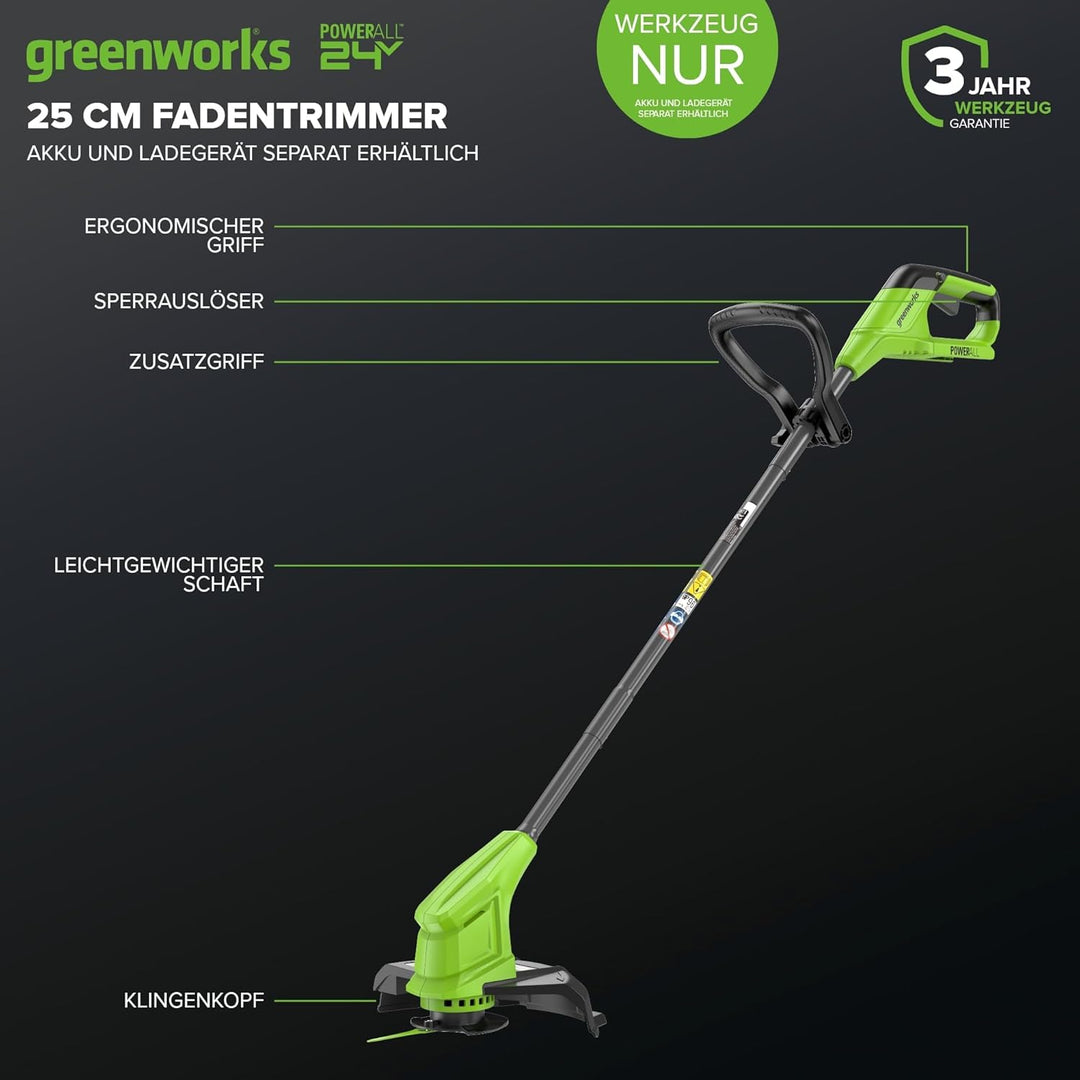 Greenworks 24V Akku Rasentrimmer für kleine bis mittlere Gärten, 25 cm Schnittbreite, inkl. 20 Kunst