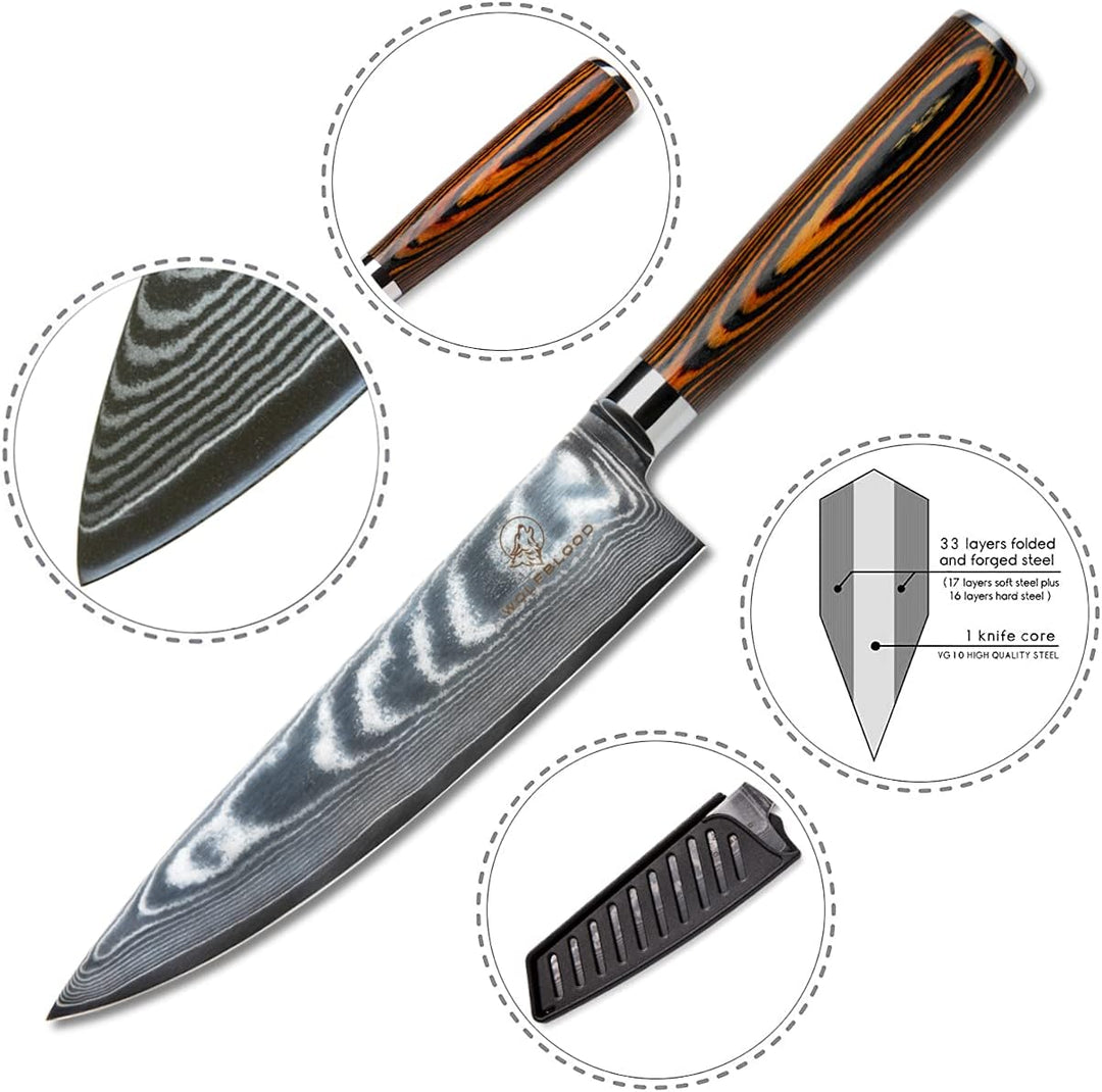 Wolfblood Damastmesser Küchenmesser XL(32cm) Profi-Kochmesser aus 67 Lagen Damaststahl & VG10 Allzwe