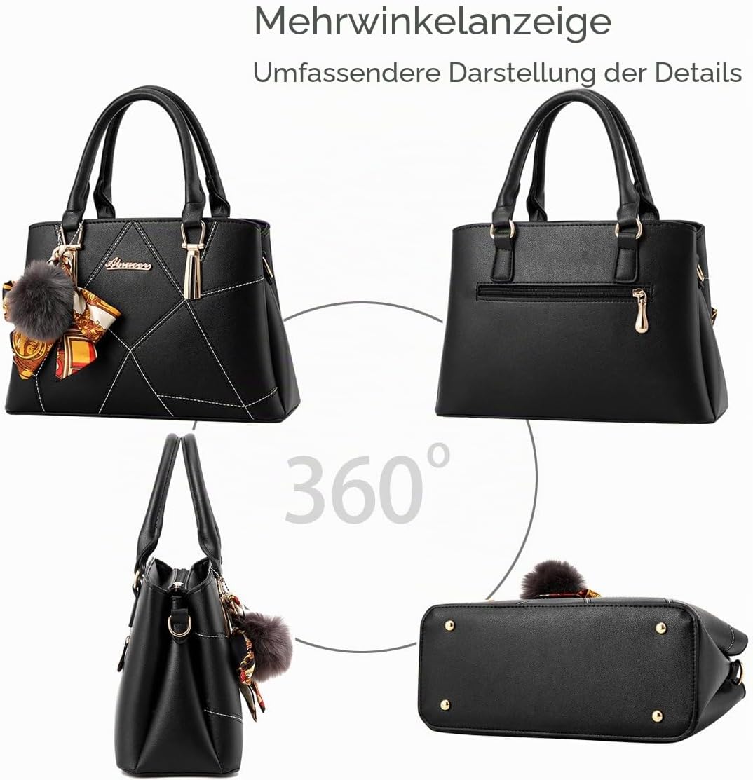 NICOLE&DORIS Modische Damen Handtasche aus Kunstleder Schwarz, Schwarz