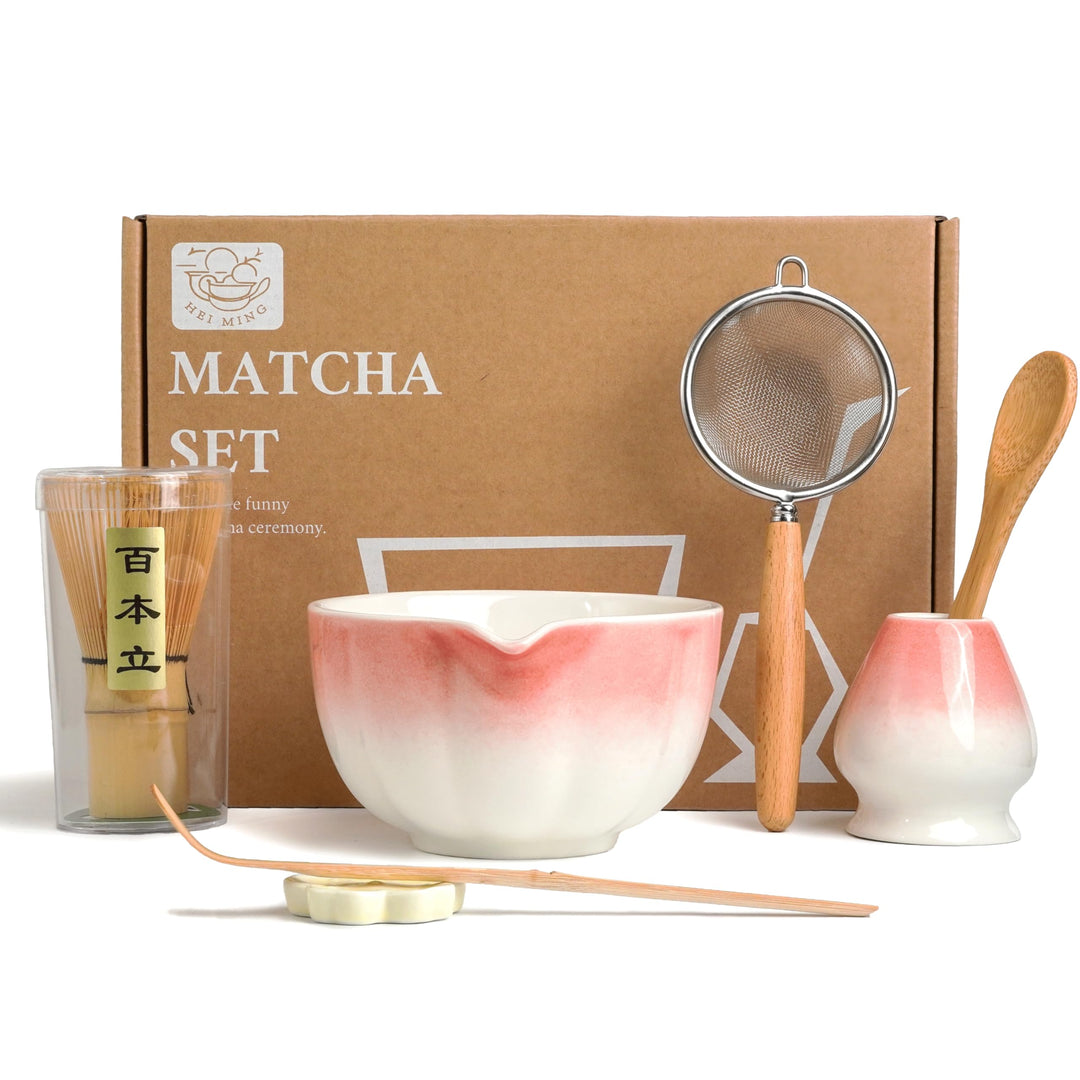 Premium Matcha Set 7-teilig – Exklusives Teezeremonie-Set mit Bambus-Chasen (Besen),Rosa Keramik-Sch