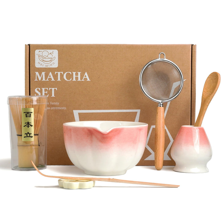 Premium Matcha Set 7-teilig – Exklusives Teezeremonie-Set mit Bambus-Chasen (Besen),Rosa Keramik-Sch