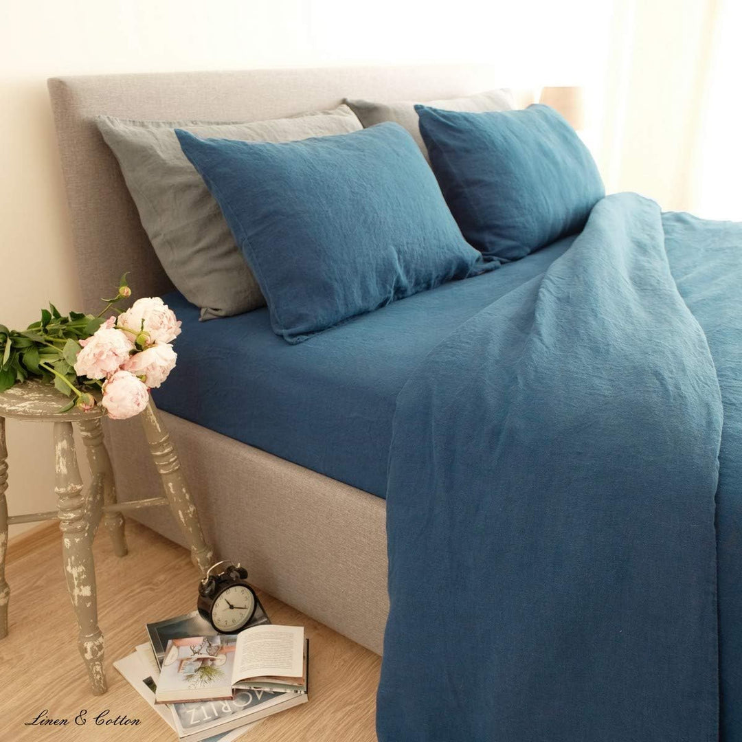 Linen &amp; Cotton Weicher Griff Bettwäsche Set Alicia -100% Leinen Gewaschen, Petrol Blau (140 x 200 cm