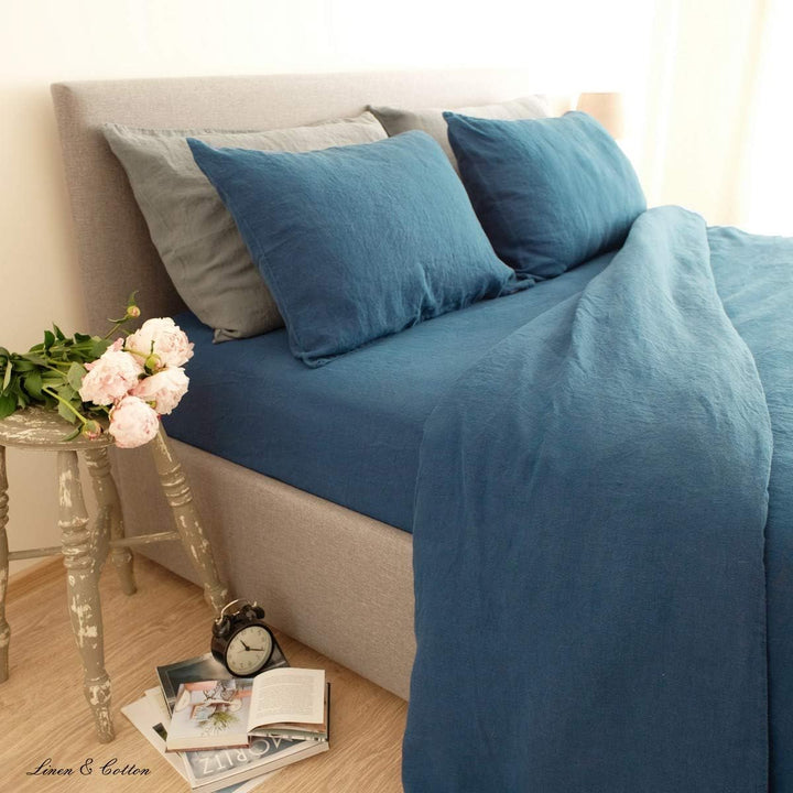 Linen &amp; Cotton Weicher Griff Bettwäsche Set Alicia -100% Leinen Gewaschen, Petrol Blau (140 x 200 cm
