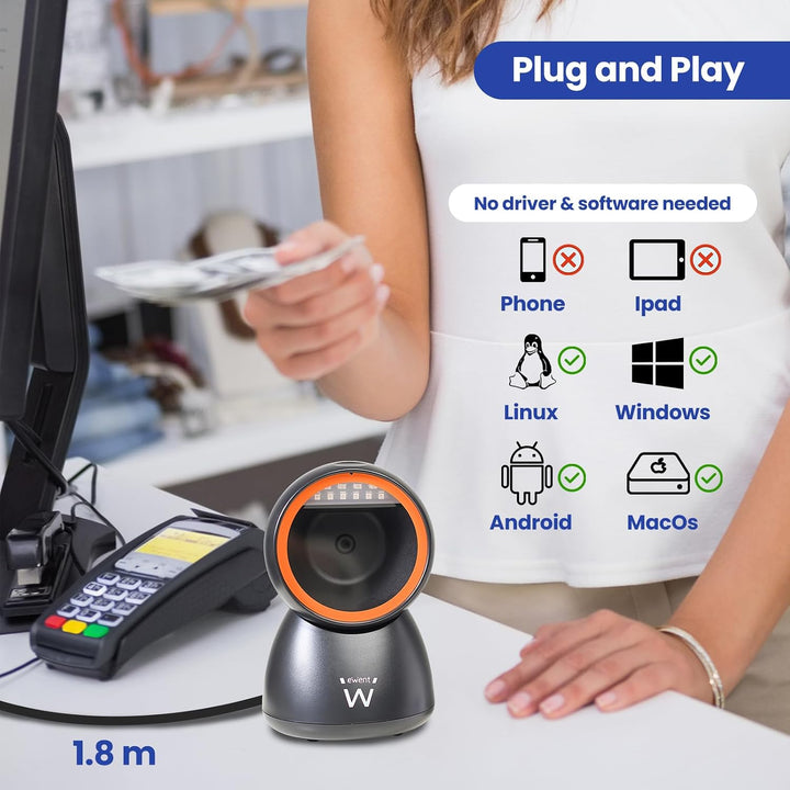 Ewent 2D Barcode Scanner mit USB, QR Code und 1D/2D Barcodescanner, Omnidirektionaler Handscanner mi