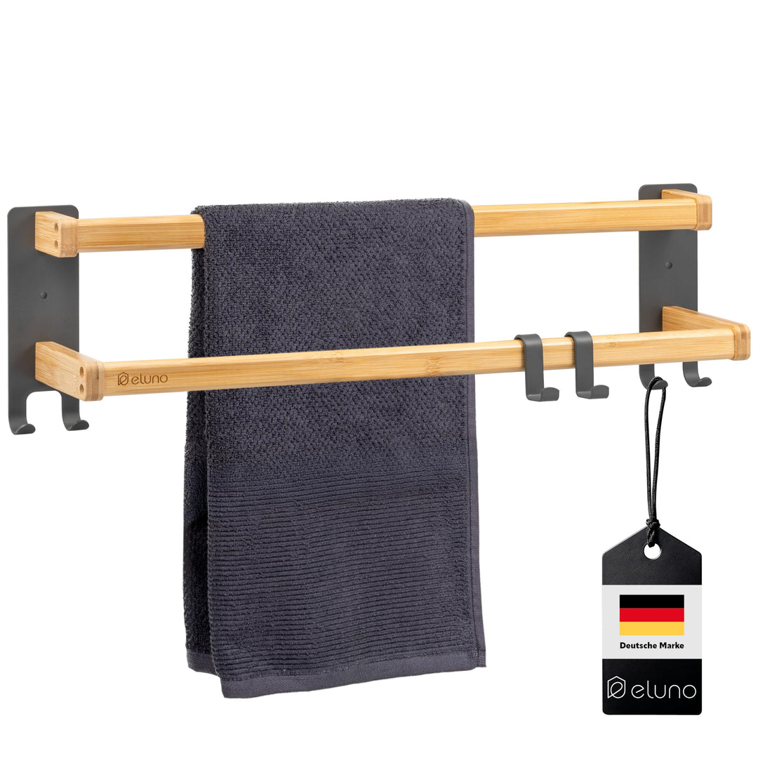 eluno Handtuchhalter 60 cm mit 2 Handtuchstangen und 6 praktischen Haken - mit hochwertigem Klebeban