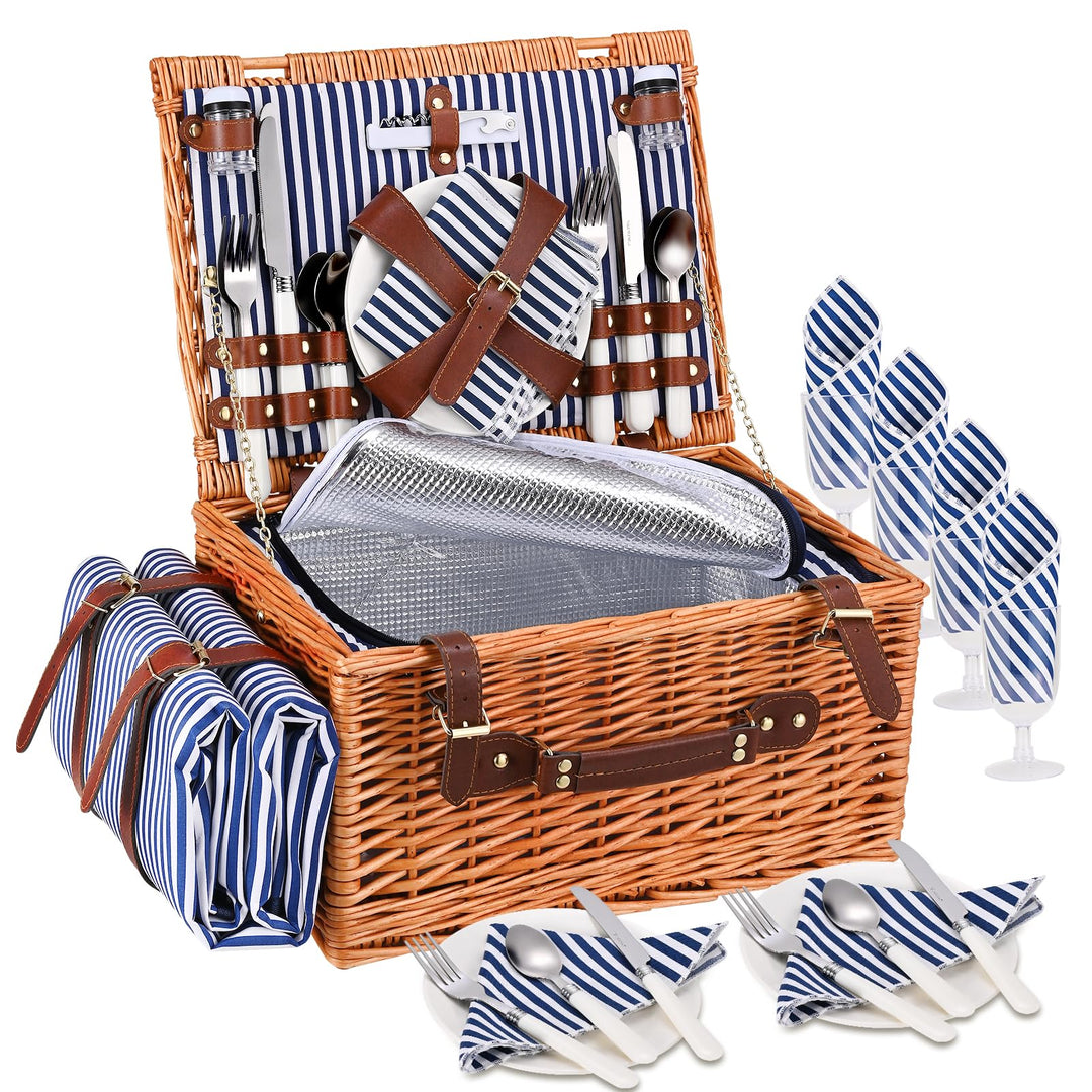 Premium Picknickkorb-Set für 4 Personen, Weidenkorb mit Kühlfach, Wasserdichter Decke, Tellern, Gläs