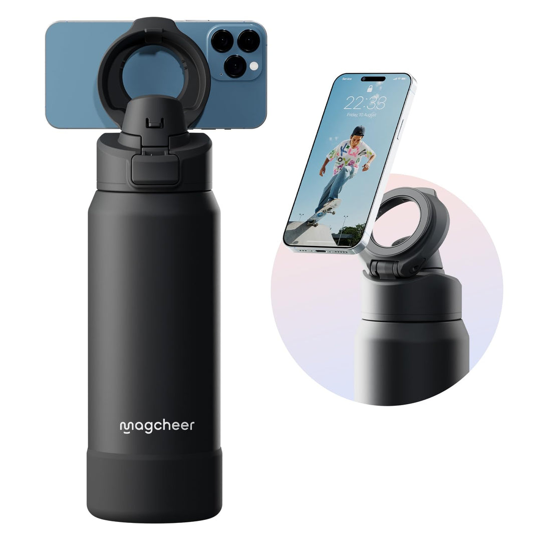 Magcheer Trinkflasche mit Handyhalterung 1L Magnetische Wasserflasche 360° Verstellbar Flasche Magne