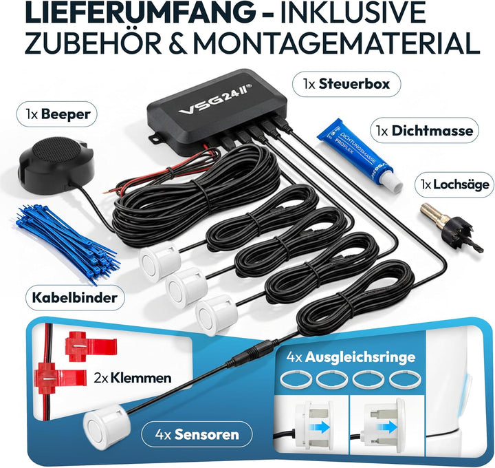VSG24 Premium Einparkhilfe hinten zum nachrüsten am Auto, PDC Parksensoren hinten mit Stecksystem fü