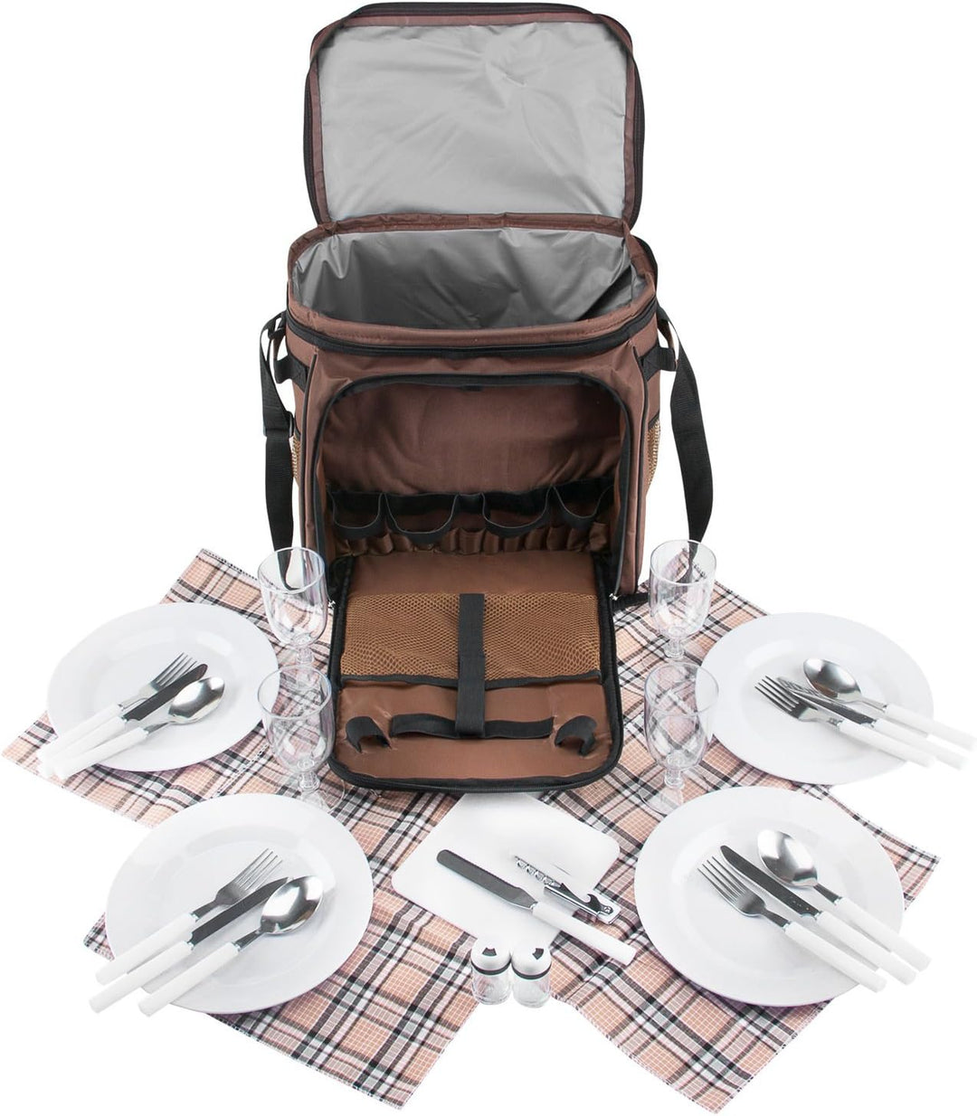 anndora Picknicktasche braun Retro Kühltasche inkl. Zubehör 4 Personen 29 Teile