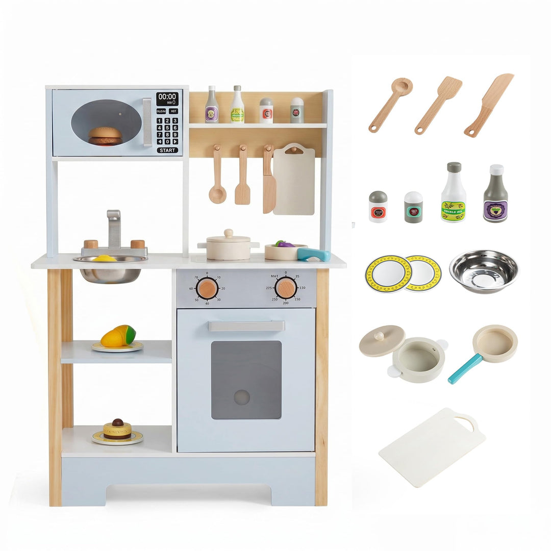 DREAMADE Kinderküche Holz, Spielküche mit 13 Zubehör | kinder küche mit Tafel, Mikrowelle, Ofen, Spü
