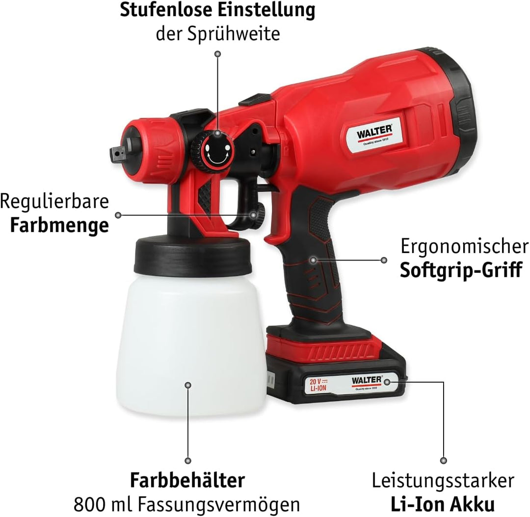 WALTER Li-Ion Akku-Farbsprühsystem, kabellos, für einfaches und müheloses Lackieren, mit Softgriff f