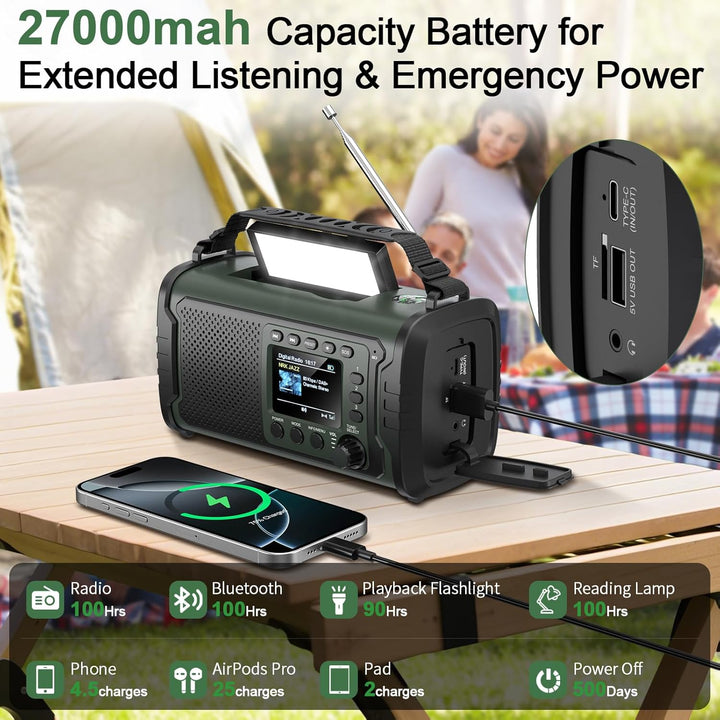 27000mAh DAB+/FM Notfallradio mit Powerbank – Tragbares Solar- & Kurbelradio mit Bluetooth 5.3, SOS,