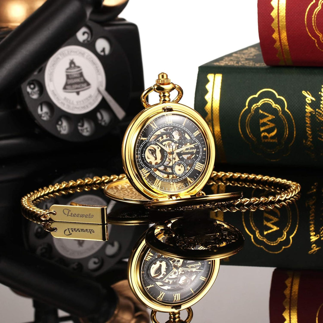 TREEWETO Unisex Taschenuhr Mechanisch Doppelter Abdeckung Vogelschild Skelett Steampunk Für Herren D