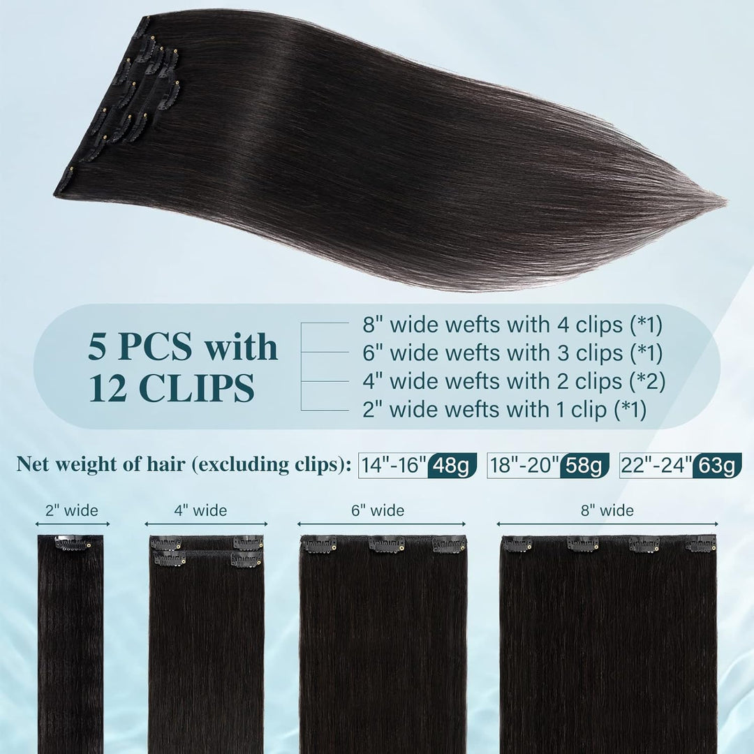 Elailite Clip in Extensions Echthaar, 5 Pcs Remy Haarverlängerung mit 12 Clips, 60cm-75g Glattes Haa