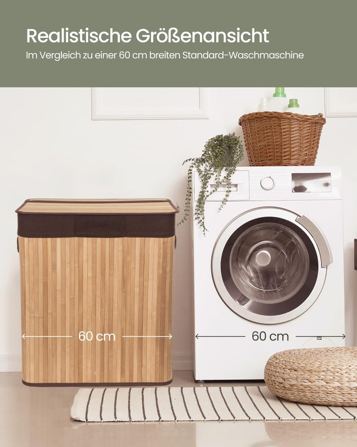 G21 Bambus Wäschekorb 3 Fächer 150L, Stabiler Wäschesammler mit Deckel und mit Henkel, Braune Wäsche
