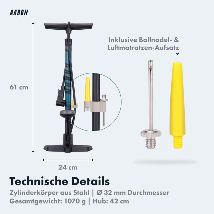 AARON Sport One Fahrrad Standpumpe mit Manometer für alle Ventile | Hochdruck Fahrradpumpe inkl. Bal