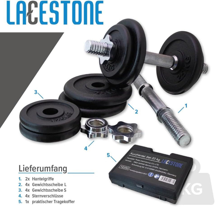Lacestone 20Kg Kurzhantel Set Hanteln Krafttraining Hantelset mit Gewichte aus Gusseisen und Sternve