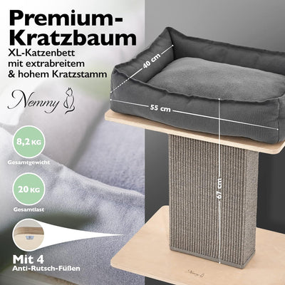 Nemmy Premium Kratzbaum klein grau | Stabiler Kratzstamm extra breit | Katzenbett mit Kissen | Katze
